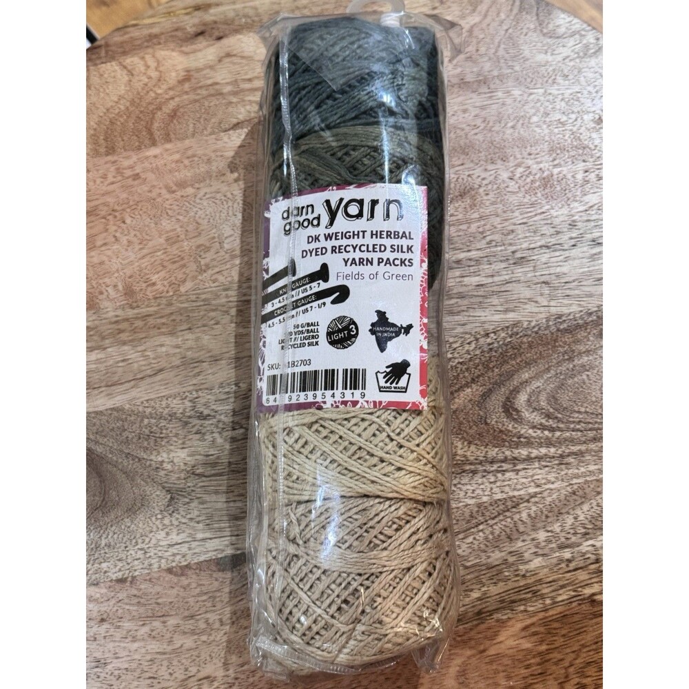 Darn good yarn DK Weight Herbal Dyed Recycled Silk Yarn Pack Fields Of Green